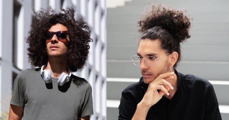 medium curly hair man bun