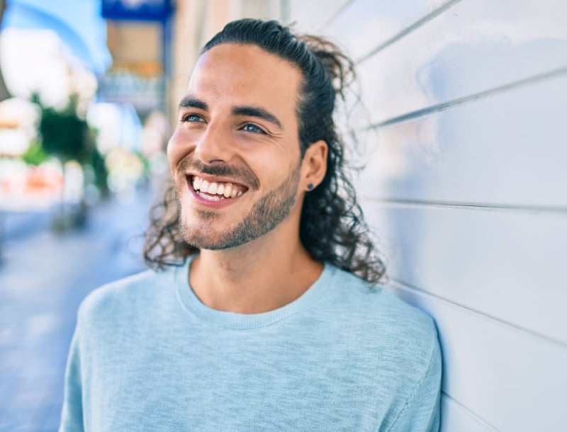 long curly hair men half up half down