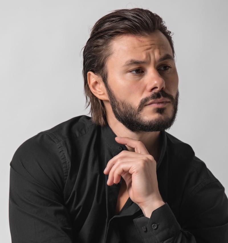 long hair slicked back men