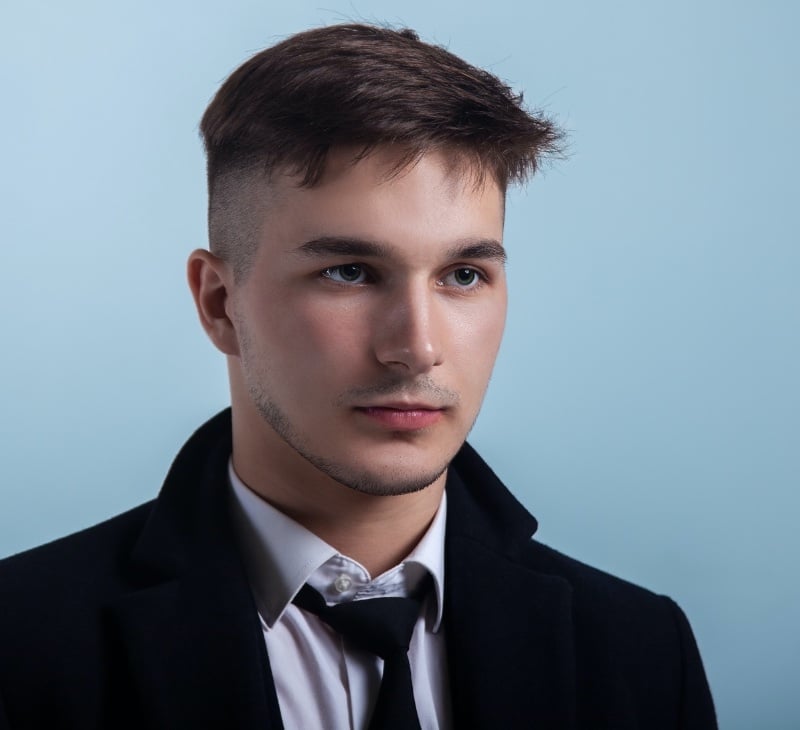 fringe French crop fade with blunt fringe and high skin fade