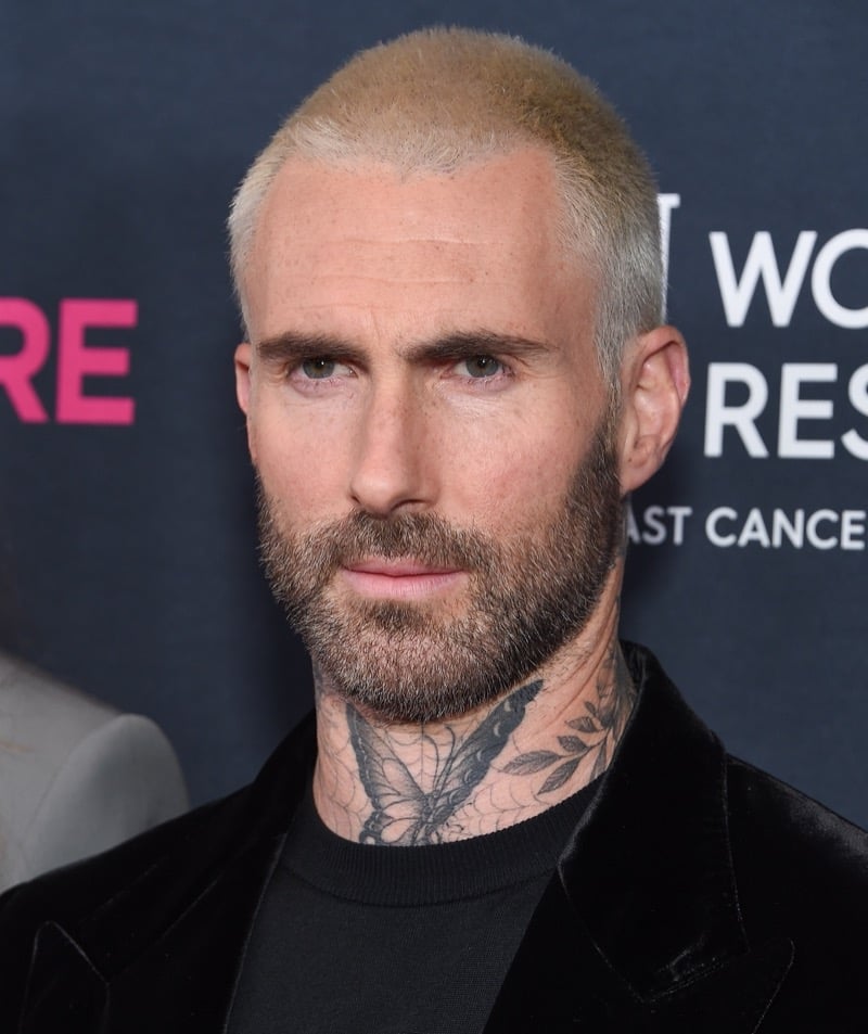 Adam Levine with a platinum blonde buzz cut and beard