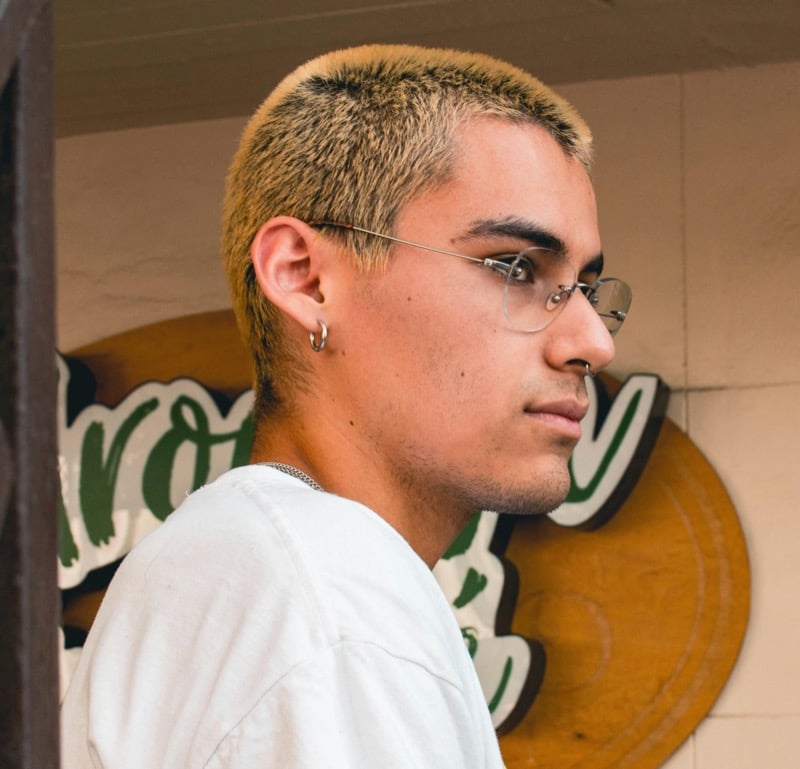 bleach blonde buzz cut