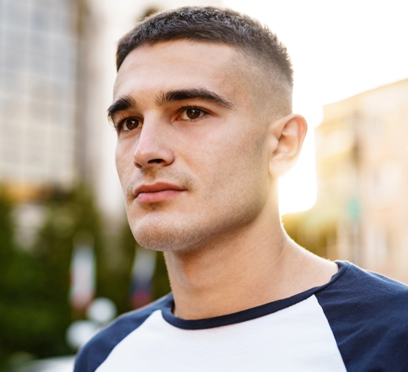 brush cut with high skin fade