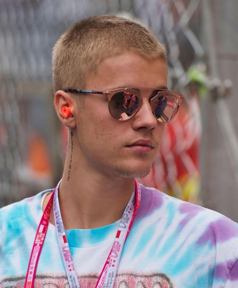 Justin Bieber with a dirty blonde buzz cut