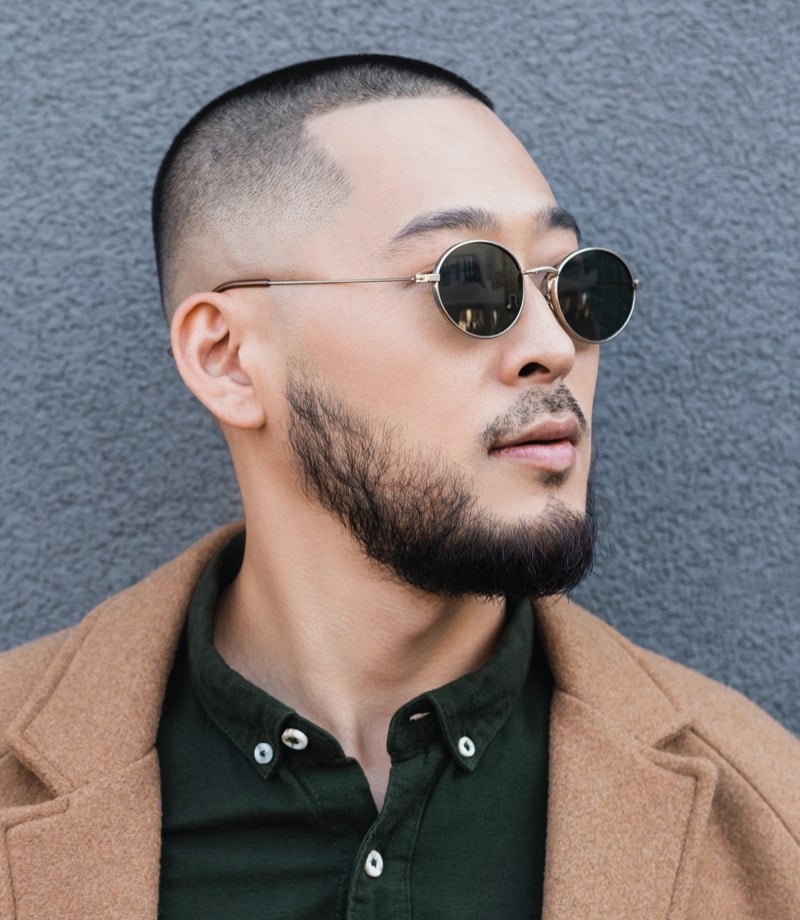 mid fade buzz cut Asian man
