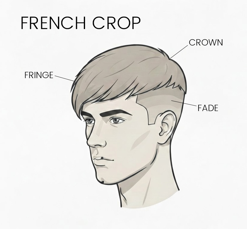 French crop illustration showing fringe, crown and fade