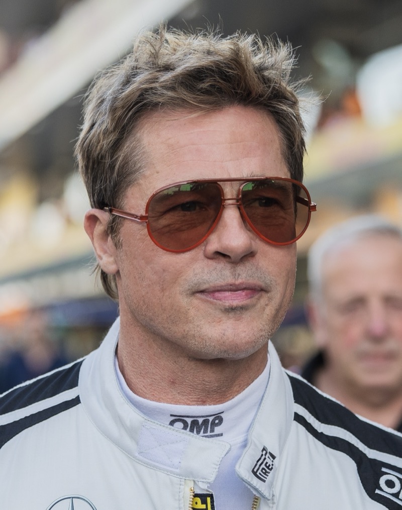 Brad Pitt with a tousled, spiky top and short sides at the 2024 Abu Dhabi Grand Prix